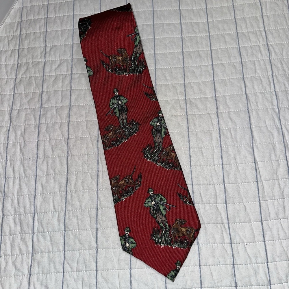 Field Wear Hunting Theme Novelty Necktie Dogs & Hunter Red Vintage Men's Tie